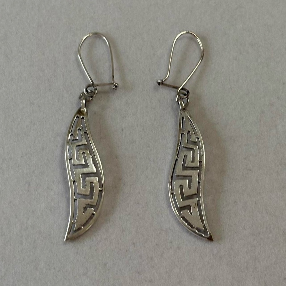 Vintage 925 Sterling Silver Greek Key Swirl Cutout Design Dangly Earrings